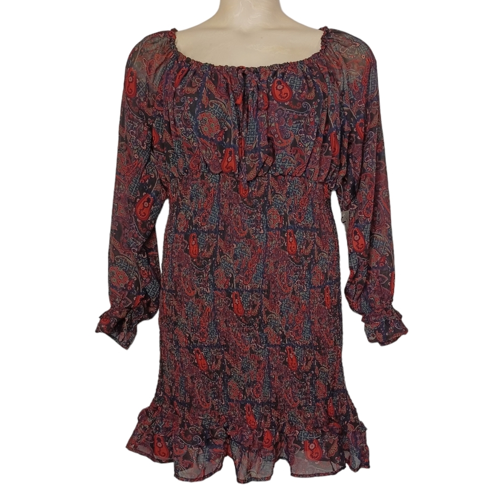 J FOR JUSTIFY Burgundy Navy Blue Paisley Print Smocked Long Sleeve Dress 2X NWT